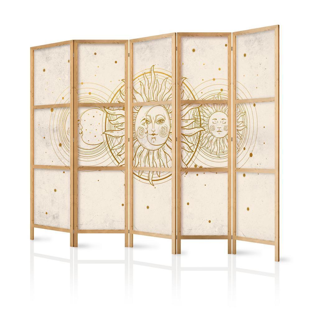 Japanese Room Divider - Golden Sun and Moon - Artistic Illustration in Retro Style