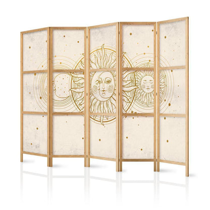 Japanese Room Divider - Golden Sun and Moon - Artistic Illustration in Retro Style