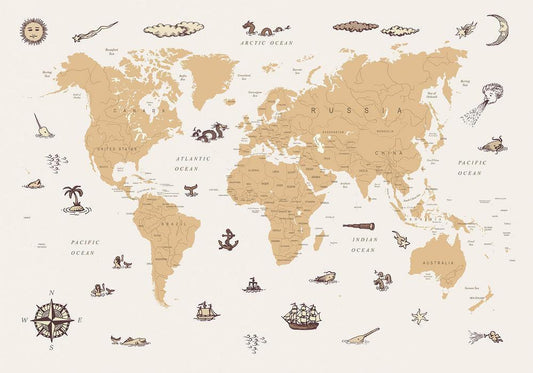 Wall Mural - Sea Wolf Map - Countries With Pirate Illustrations-Wall Murals-ArtfulPrivacy