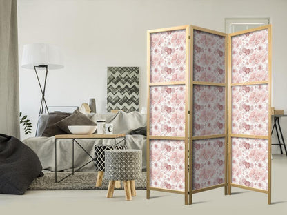 Japanese Room Divider - Pink Blossoming - Flowers in Warm Colors on a White Background