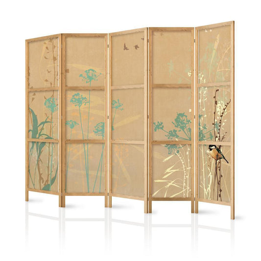 Japanese Room Divider - Tiny Bird - Colorful grasses in golden shades of sunset