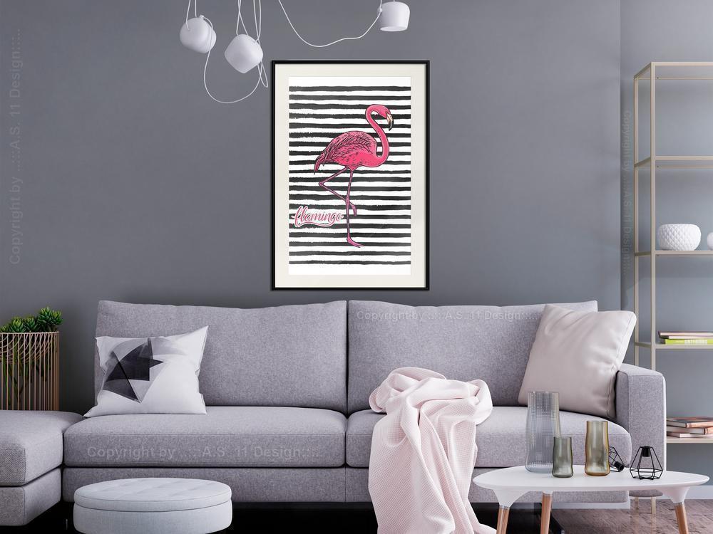 Frame Wall Art - Flamingo on Striped Background-artwork for wall with acrylic glass protection