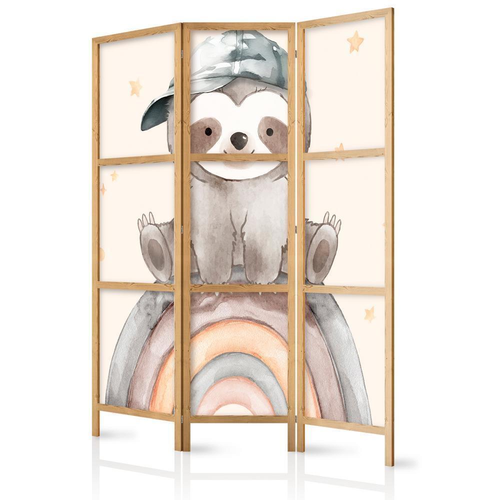 Japanese Room Divider - Happy Sloth - Sloth in muted colors - wearing a cap - sitting on a rainbow among the stars