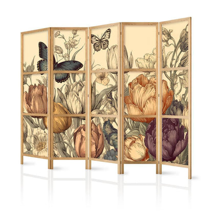 Japanese Room Divider - Tulips in Cream - Illustration of Flowers and Butterflies on a Light Background