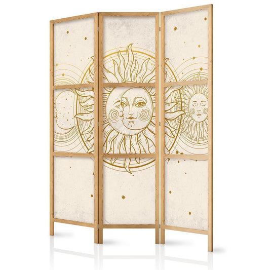 Japanese Room Divider - Golden Sun and Moon - Artistic Illustration in Retro Style