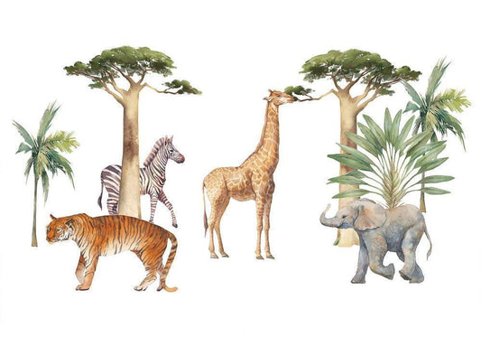 Wall Mural - Jungle Animals on White Background Made With Watercolour Technique-Wall Murals-ArtfulPrivacy