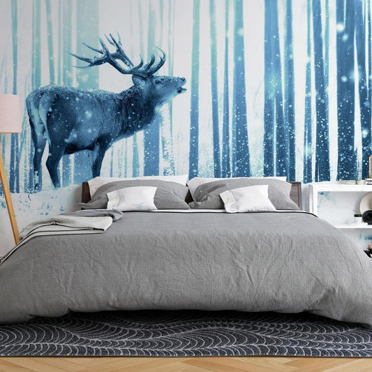 Wall Mural - Winter animals - deer motif on a forest background in shades of blue-Wall Murals-ArtfulPrivacy