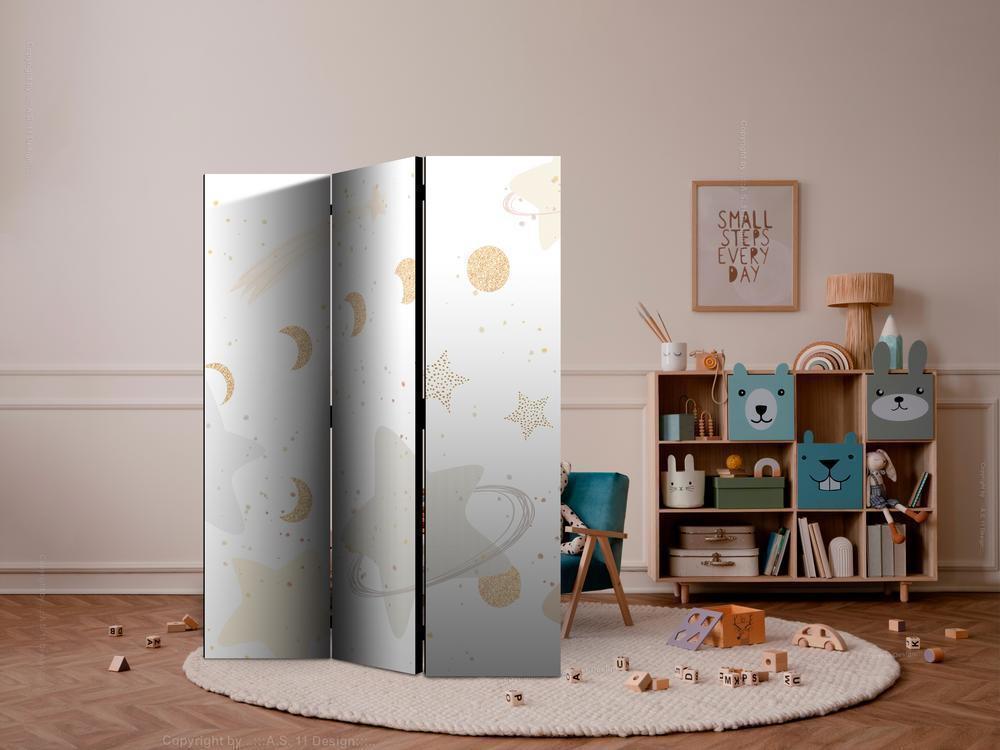 Room Divider - Fairy-Tale Galaxy - Moon Phases in Shades of Yellow Among Stars in Beige and Ash Colors with Stardust