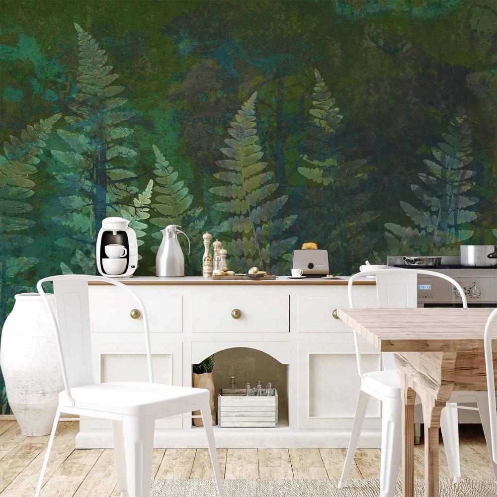 Wall Mural - Green abstraction in the forest - fern leaves in the trunks with patterns