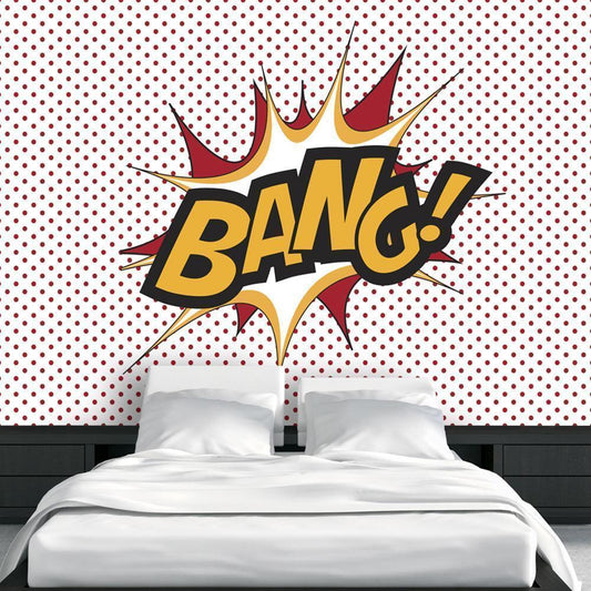 Wall Mural - BANG! - modern motif with yellow text on a background of red dots-Wall Murals-ArtfulPrivacy