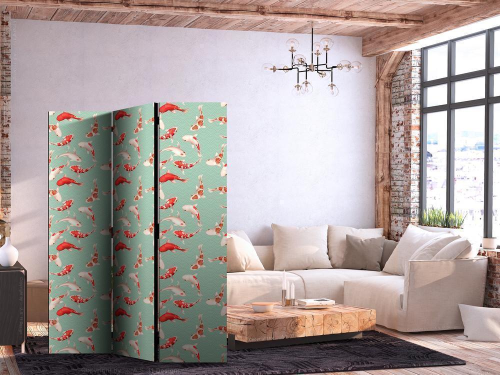 Room Divider - Fish and Japanese Pattern - Koi Fish in Orange-Cream Colors on a Green-Mint Background with an Oriental Pattern