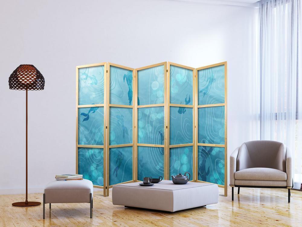 Japanese Room Divider - Koi Fish Under the Water Surface - a Cluster of Japanese Fish in the Depths of the Pond in Shades of Navy and Blue