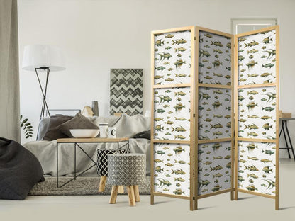 Japanese Room Divider - Unusual Species of Fish - Cluster of Fish in Muted Retro Style on a Background of Beige Lines