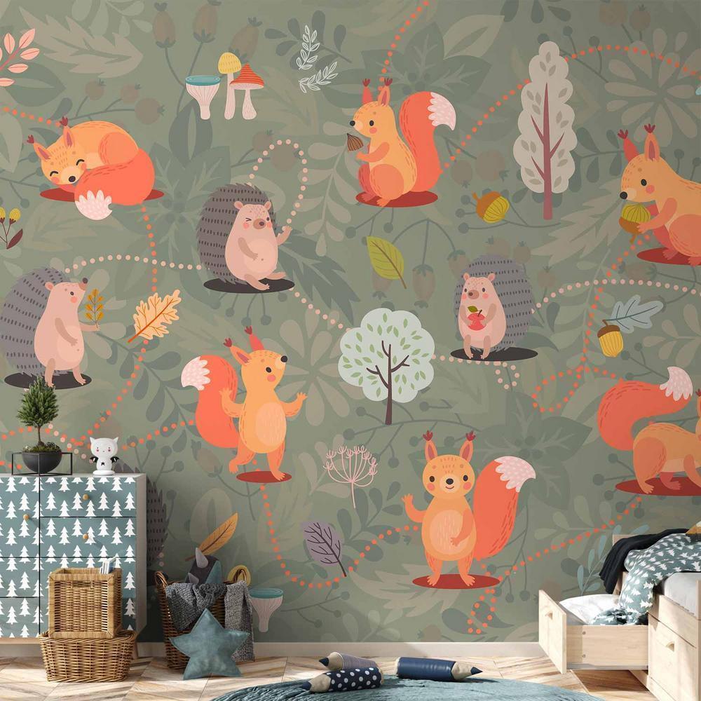 Wall Mural - Friends from the forest - colourful forest with mushrooms and animals for children