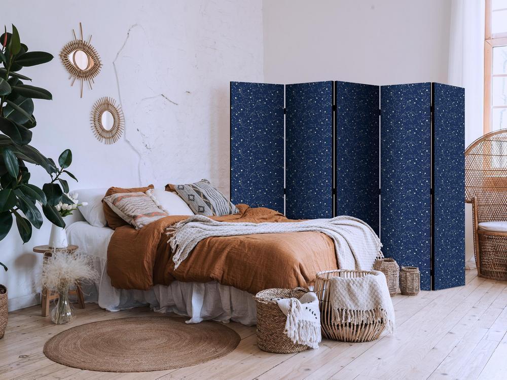 Room Divider - Cosmic Inspirations - Pattern with Stars and Constellations on a Dark Background- A 5 Panel Folding Screen For Living rooms, bedrooms or home office, decorative folding screen made with wood and canvas