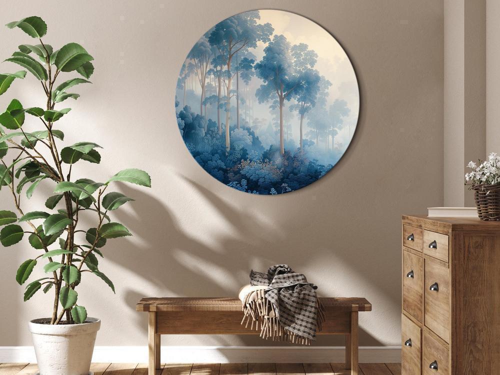 Round Canvas Print - Landscape with Trees in Illustrative Style Fairy-Tale Blue Forest