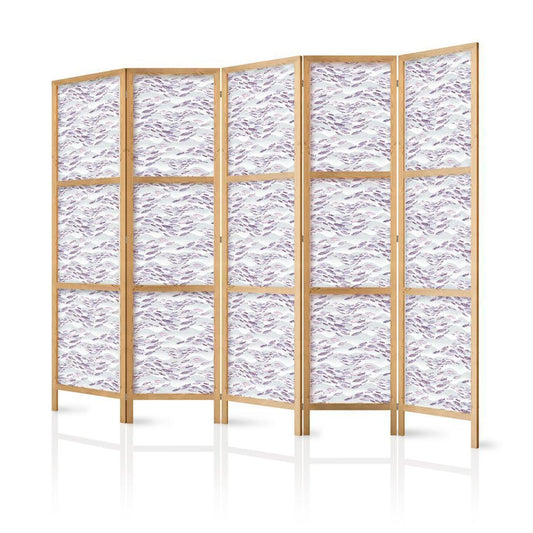 Japanese Room Divider - Fish in Muted Colors - a School of Small Fishes in Light Purple And Delicate Pink Against Grey Waves