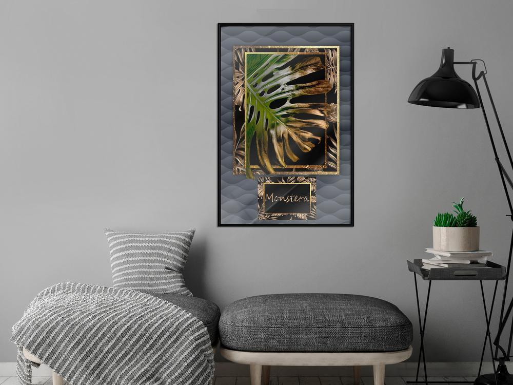 Golden Art Poster - Monstera in the Frame-artwork for wall with acrylic glass protection