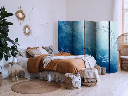 Room Divider - Schools of Fish - Luminous Clusters of Fish in Blue Colors Among Sea Depths- A 5 Panel Folding Screen For Living rooms, bedrooms or home office, decorative folding screen made with wood and canvas