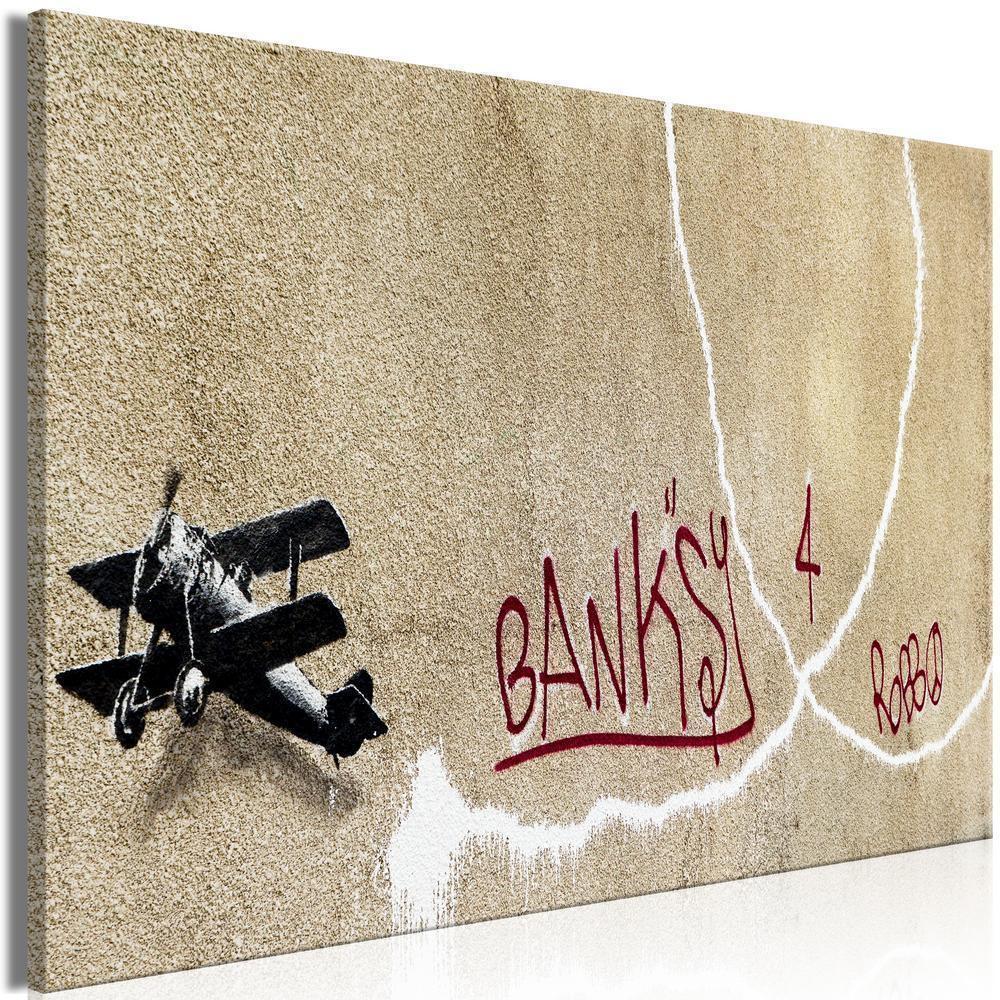 Canvas Print - Banksy's Plane (1-part) - Red Graffiti Text on Mural Background-ArtfulPrivacy-Wall Art Collection