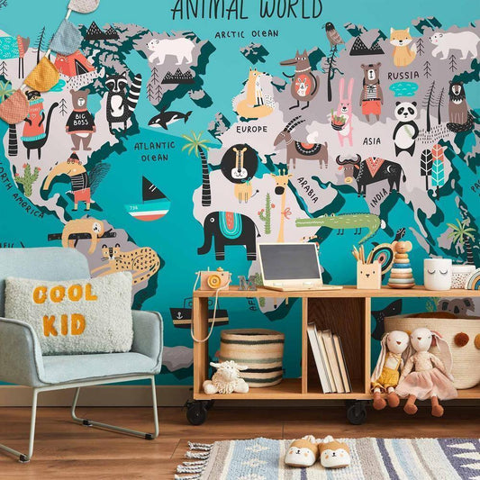 Wall Mural - Geography lesson for children - colourful world map with animals