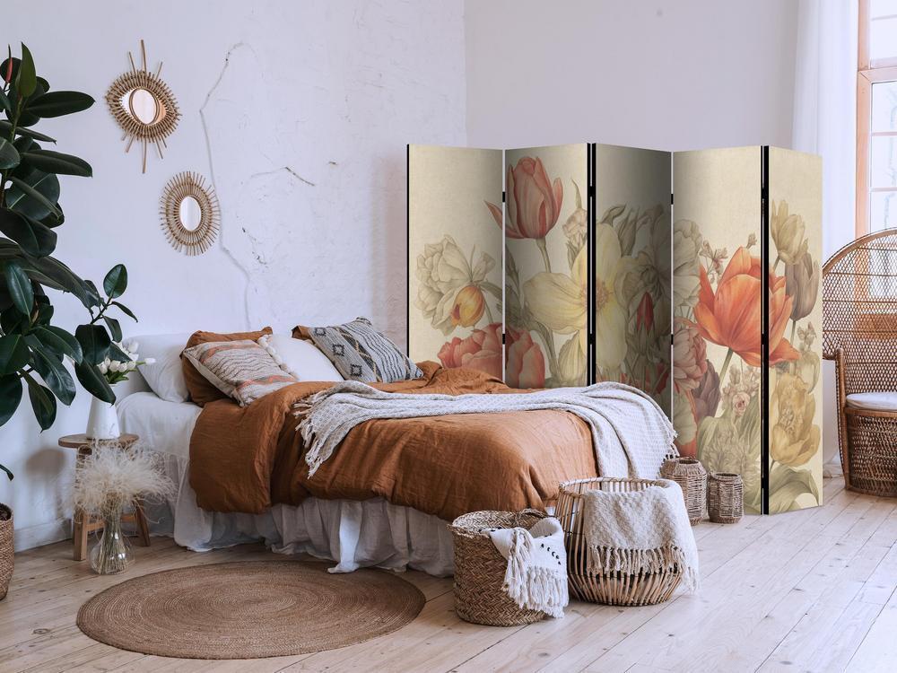 Room Divider - Bouquet with Tulips - Colorful Flowers on a Light Background - Illustration- A 5 Panel Folding Screen For Living rooms, bedrooms or home office, decorative folding screen made with wood and canvas