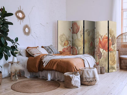 Room Divider - Bouquet with Tulips - Colorful Flowers on a Light Background - Illustration- A 5 Panel Folding Screen For Living rooms, bedrooms or home office, decorative folding screen made with wood and canvas