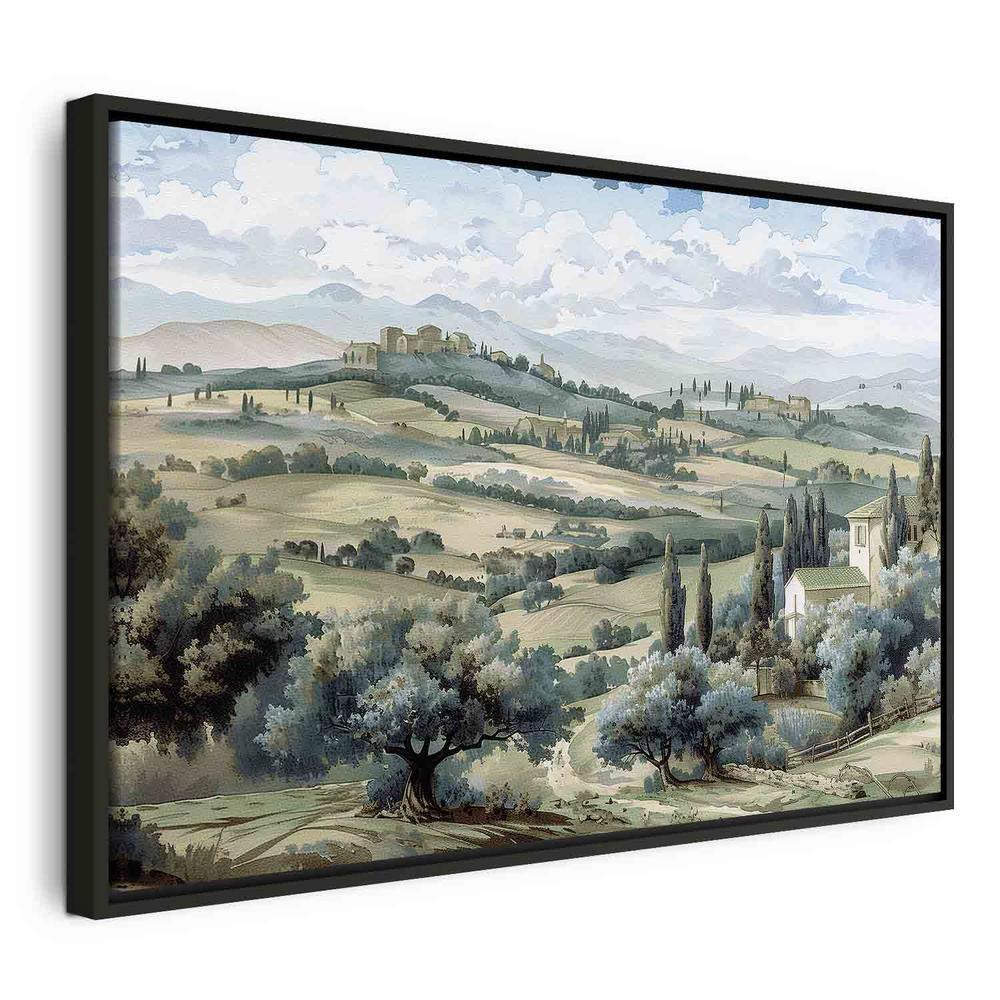 Impression sur toile - Paysage avec champs verts et arbres Vue ensoleillée de Toscane