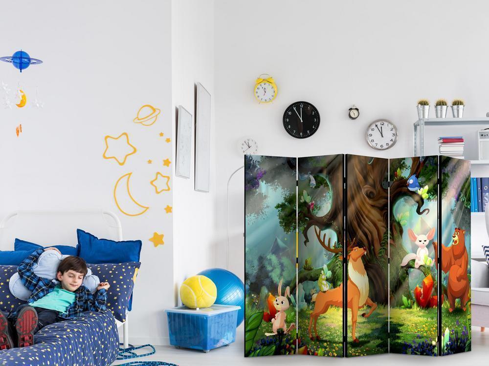 Room Divider - Bear and Friends II- A 5 Panel Folding Screen For Living rooms, bedrooms or home office, decorative folding screen made with wood and canvas