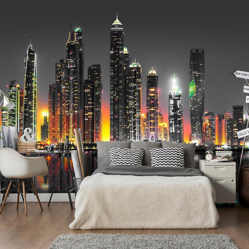 a cityscape of dubai as a wall mural in the bedroom