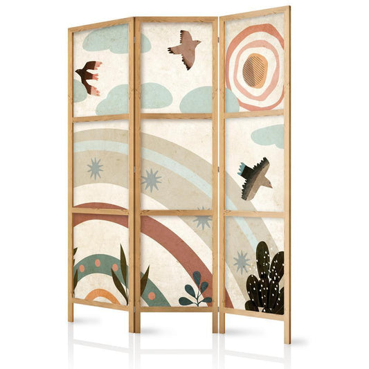 Japanese Room Divider - Sun Above the Rainbow - Birds in Subdued Colors Flying Among Clouds Above a Rainbow and Vegetation on a Light Beige Background