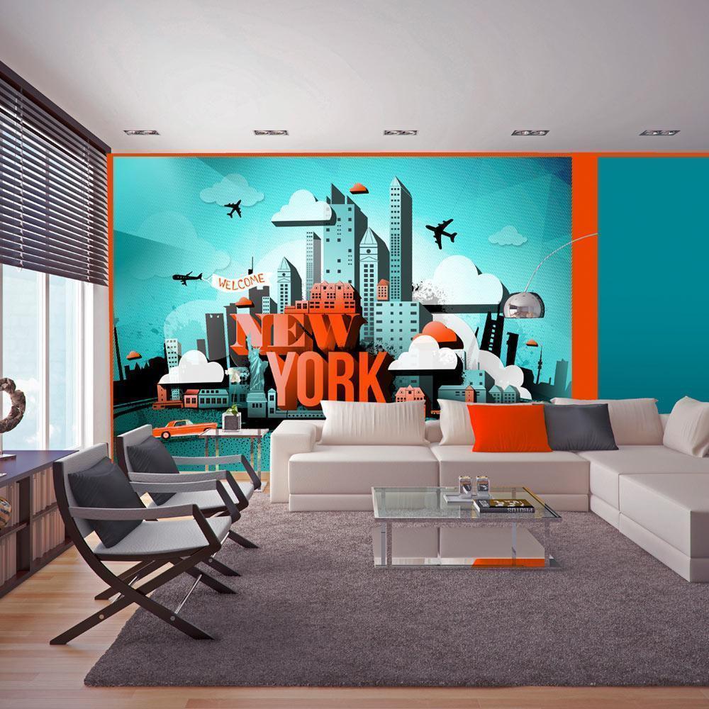 Wall Mural - Street Art - Red New York Text with Skyscraper and Car Motif-Wall Murals-ArtfulPrivacy