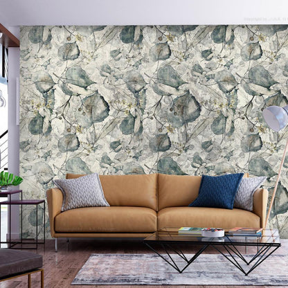 Wall Mural - Autumn souvenirs - cool grey floral pattern with leaves