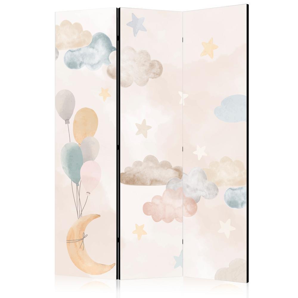 Room Divider - Fairy-Tale Moon - Moon with Balloons Among Clouds and Stars in Subdued Colors on a Light Beige Background