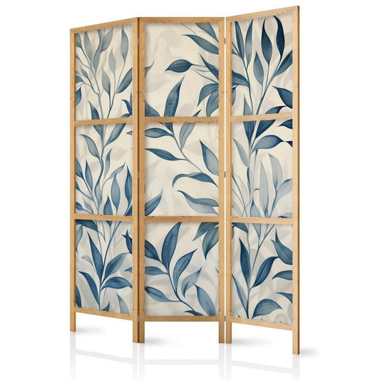 Japanese Room Divider - Leaves in Blue Colors - Delicate Botanical Motif