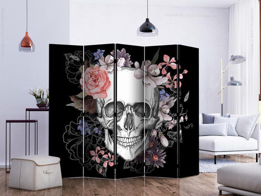 Decorative partition-Room Divider - Skull and Flowers II-Folding Screen Wall Panel by ArtfulPrivacy