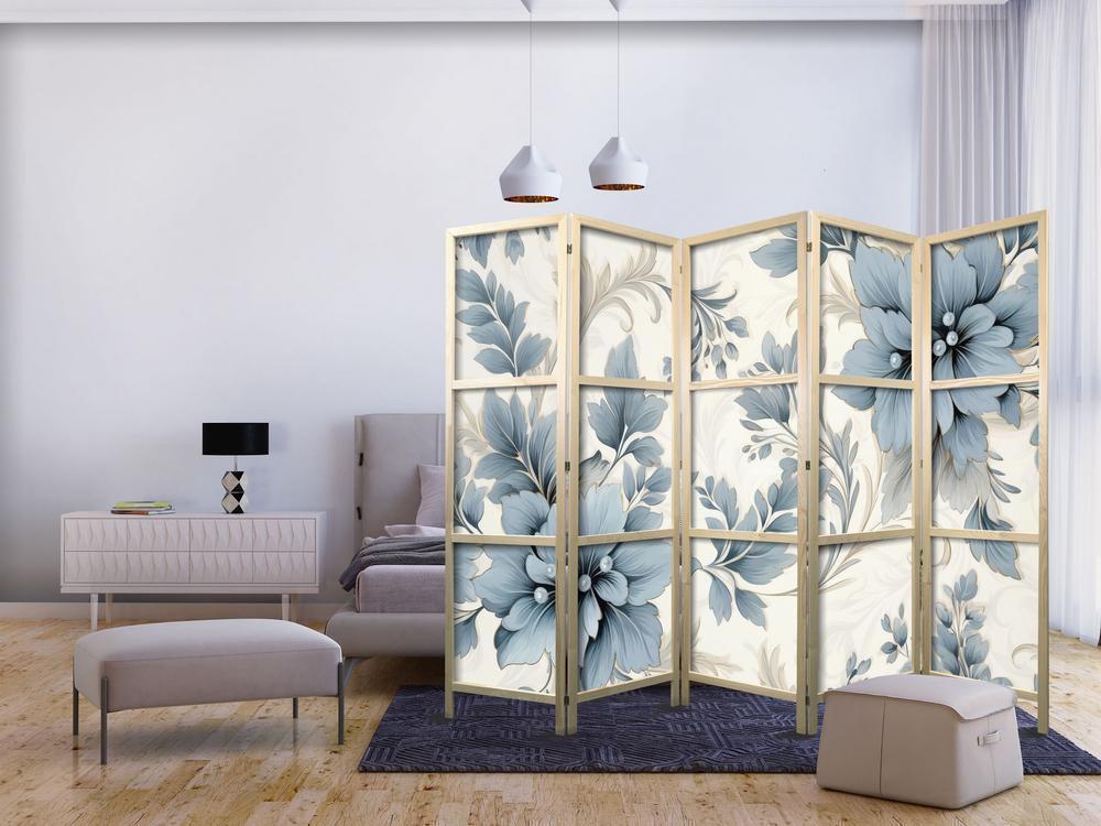 Japanese Room Divider - Turquoise Flowers in Retro Ambiance - Floral Ornaments