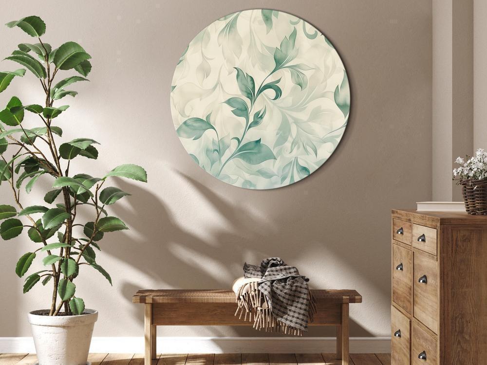 Round Canvas Print - Watercolor Botanical Motif: Delicate Green-Beige Leaves