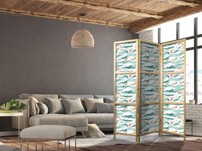 Japanese Room Divider - Fish Jumping Over Waves - Oriental Fish and Water Lilies Among High Waves in Shades of Sea Green