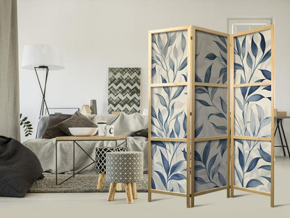 Japanese Room Divider - Leaves in Blue Colors - Delicate Botanical Motif