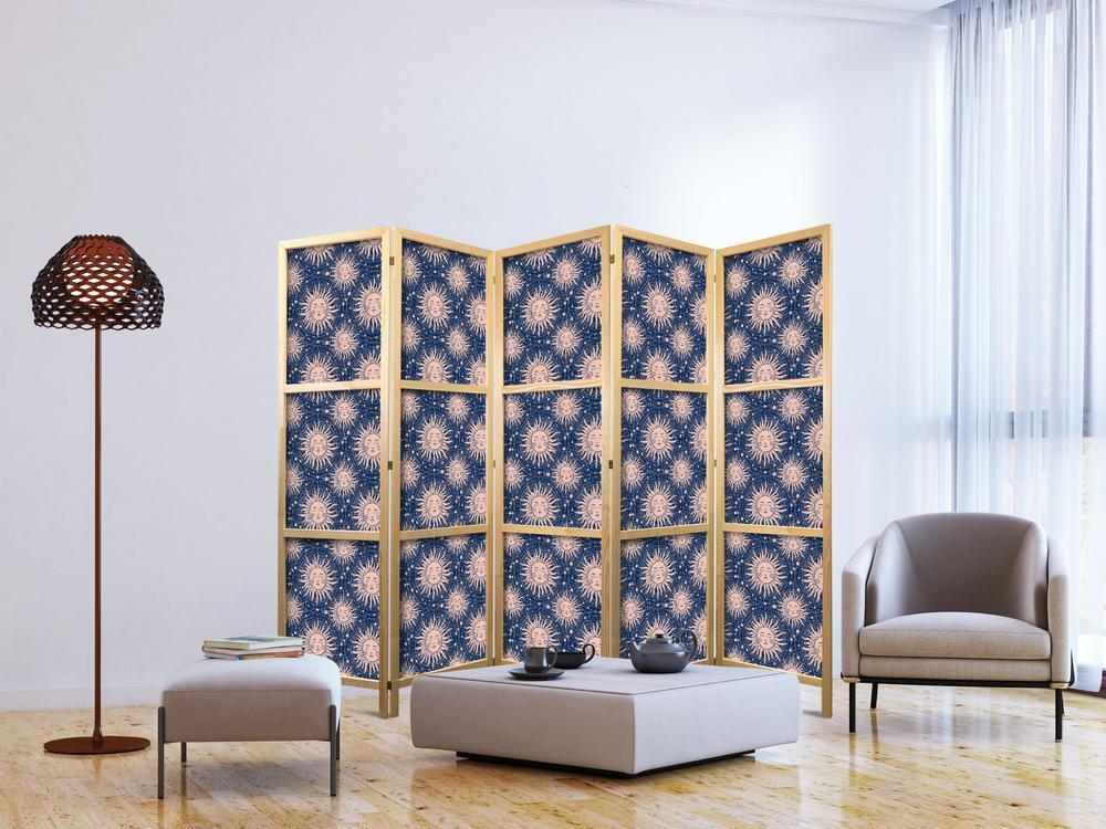 Japanese Room Divider - Sunny Patterns - Repeating Sun Motif on a Navy Background