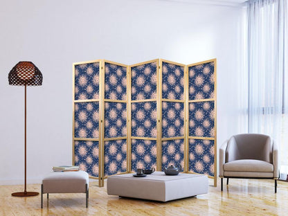 Japanese Room Divider - Sunny Patterns - Repeating Sun Motif on a Navy Background