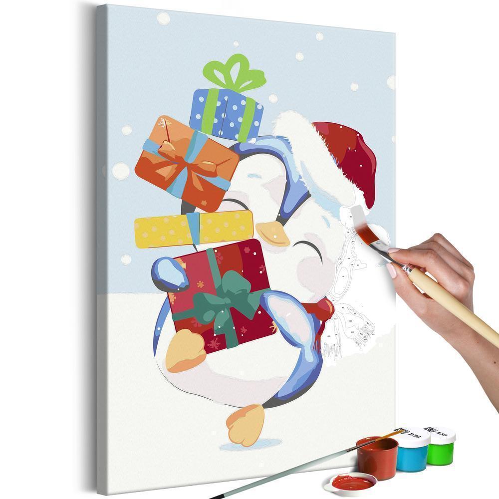 Start learning Painting - Paint By Numbers Kit - Penguin With a Gift - new hobby