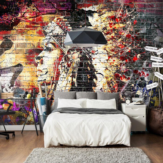 Wall Mural - Street art - colourful graffiti with profile of a woman on a brick background-Wall Murals-ArtfulPrivacy