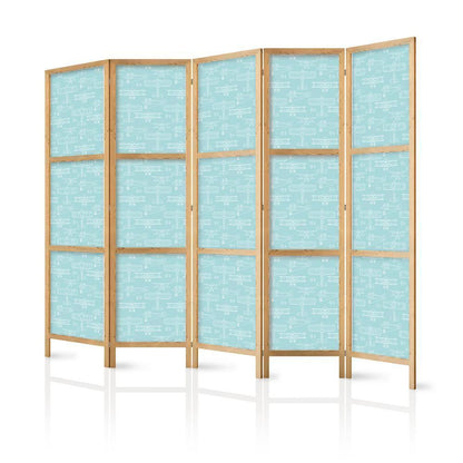 Japanese Room Divider - Sketch - Outline of an Airplane in White on a Turquoise Background