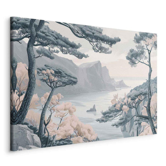 Impression sur toile - Côte montagneuse avec arbres et rochers dans des tons bleus pastel clairs