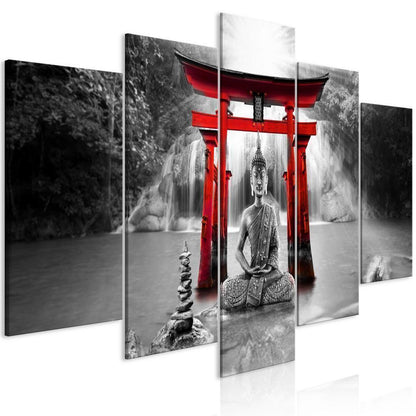 Canvas Print - Buddha Smile (5 Parts) Wide Red-ArtfulPrivacy-Wall Art Collection