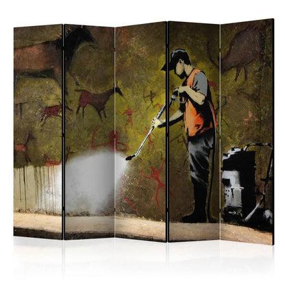 Room Divider - Banksy - Cave Painting II- A 5 Panel Folding Screen For Living rooms, bedrooms or home office, decorative folding screen made with wood and canvas