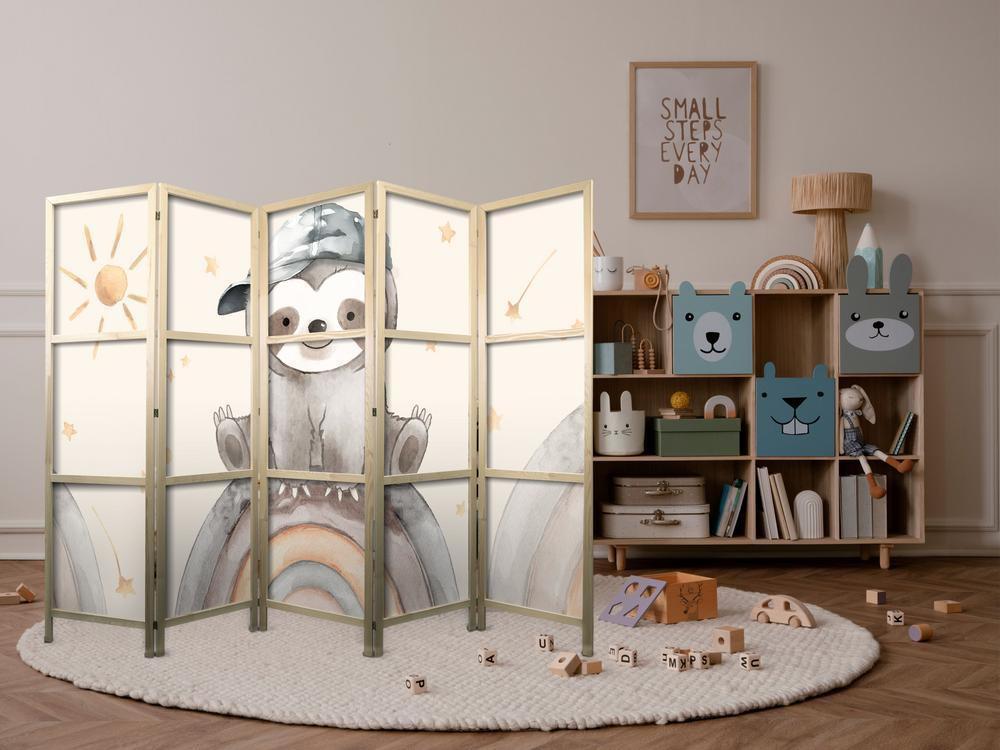 Japanese Room Divider - Happy Sloth - Sloth in muted colors - wearing a cap - sitting on a rainbow among the stars