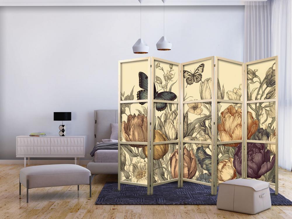 Japanese Room Divider - Tulips in Cream - Illustration of Flowers and Butterflies on a Light Background